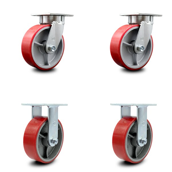 6 Inch Kingpinless Red Poly on Steel Wheel Swivel Caster Swivel 2 Rigid, 2PK